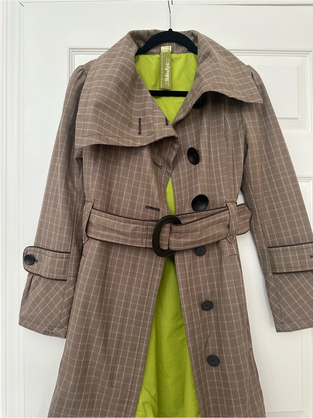 Soia Kyo Classic Plaid Trench Coat with Belt - Brown XS